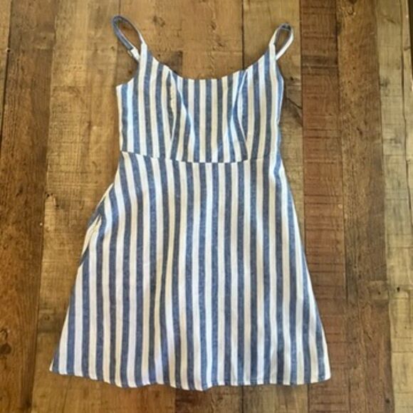 Old Navy XSP Linen Blue White Striped Mini Dress Sleeveless Cami Tank Pockets - Picture 4 of 6